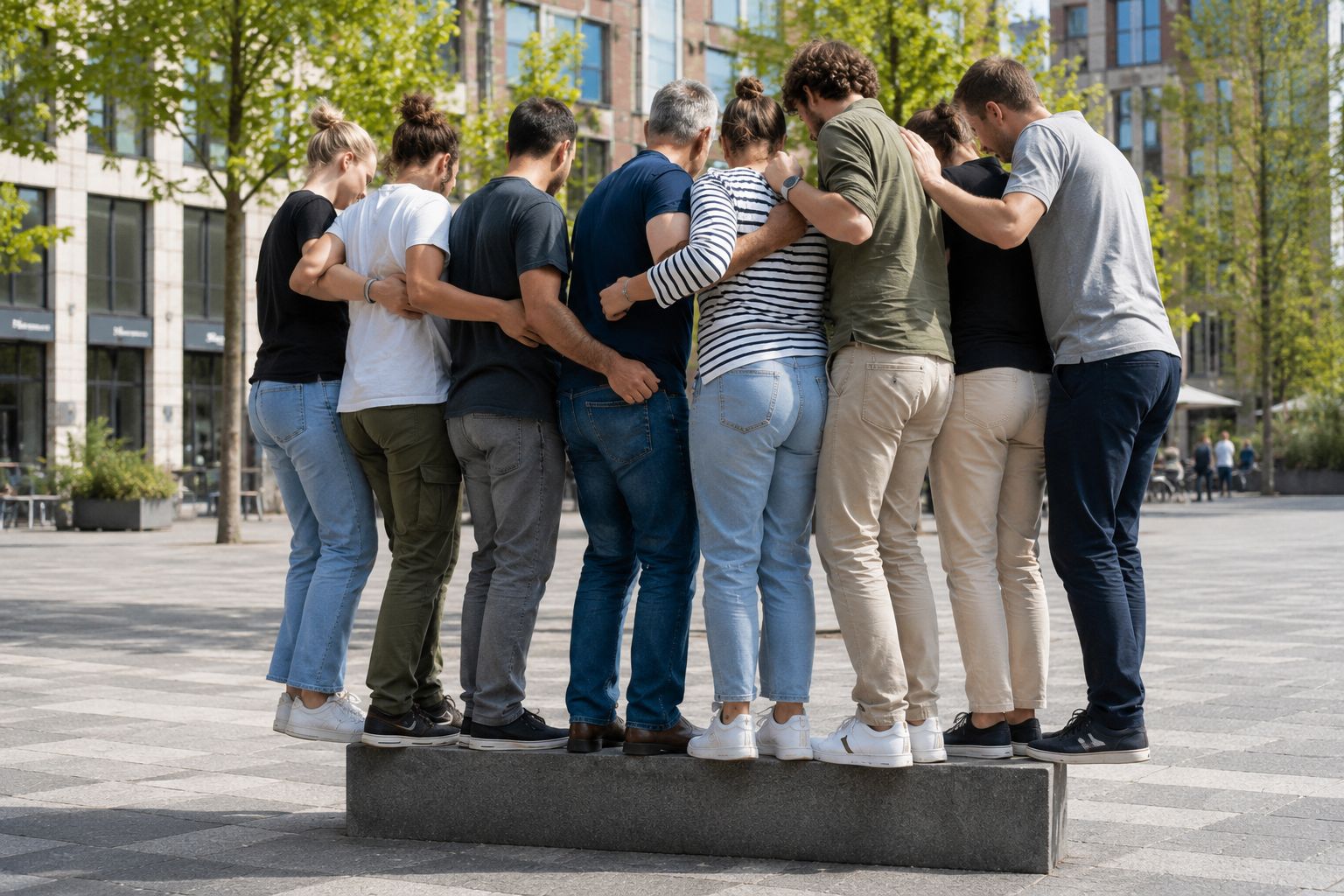 Gruppe steht gemeinsam auf einem Steinblock im urbanen Raum.