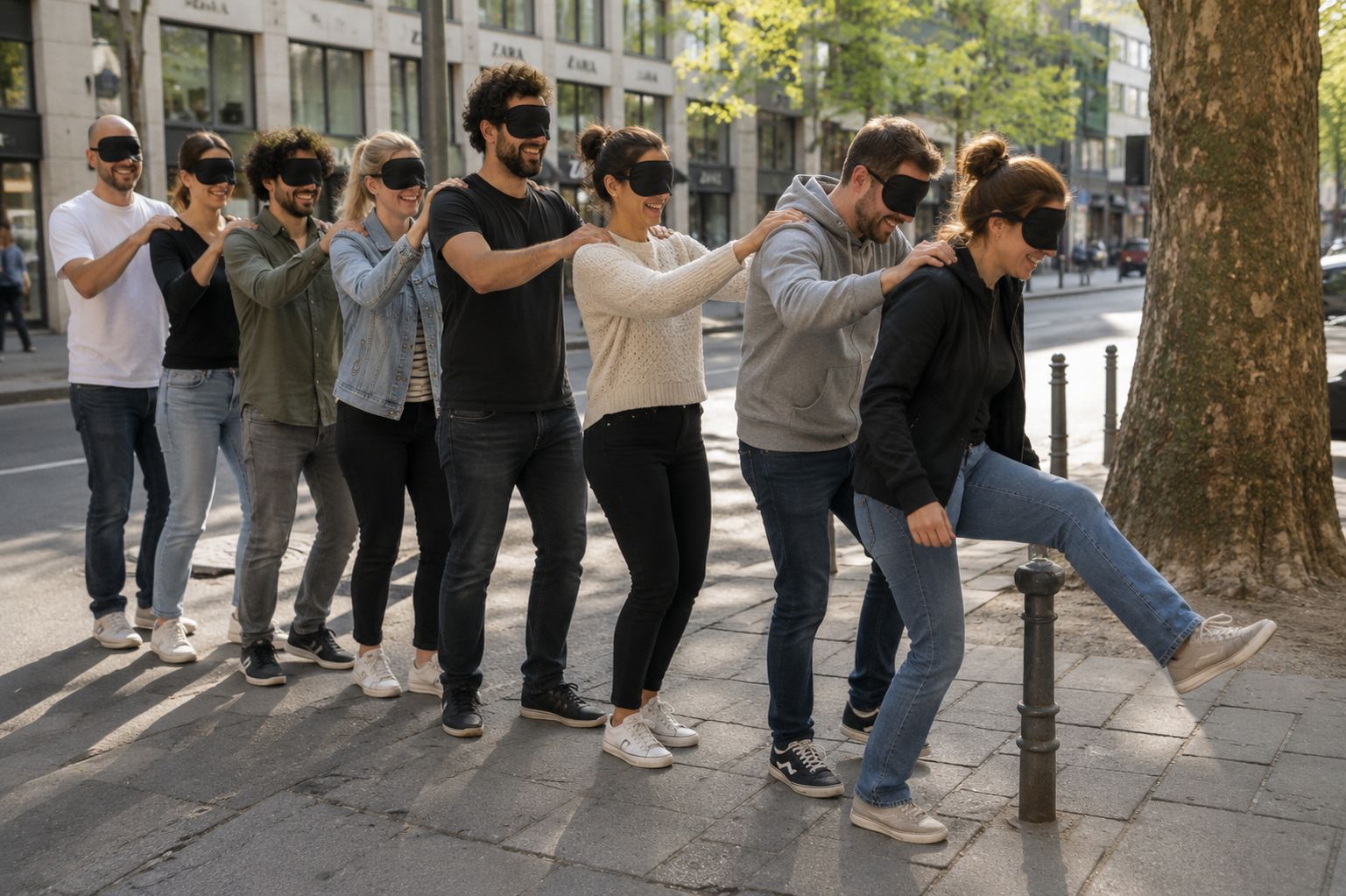 Gruppe mit Augenbinden erlebt eine City-Bound-Aufgabe im urbanen Raum.