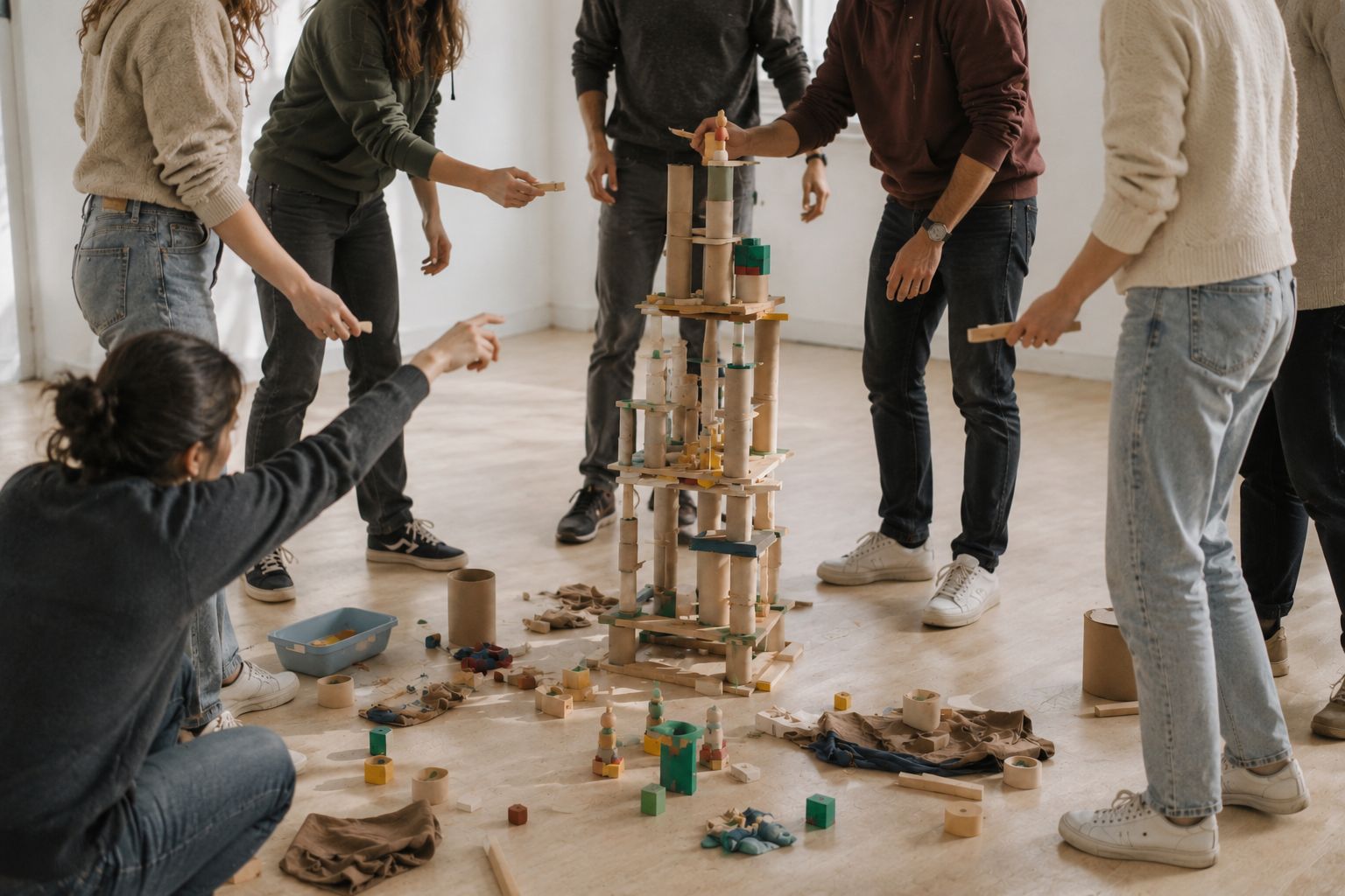 Team baut gemeinsam einen Turm aus Holzmaterial als Kooperationsaufgabe.